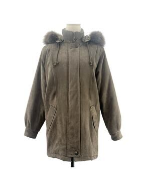 St John's Bay Faux Suede Hooded Jacket Fur Trim Women's Small Taupe Brown